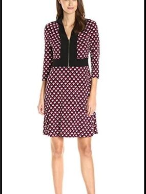 Ninewest V-Neck Knee Dress in Burgundy and Black